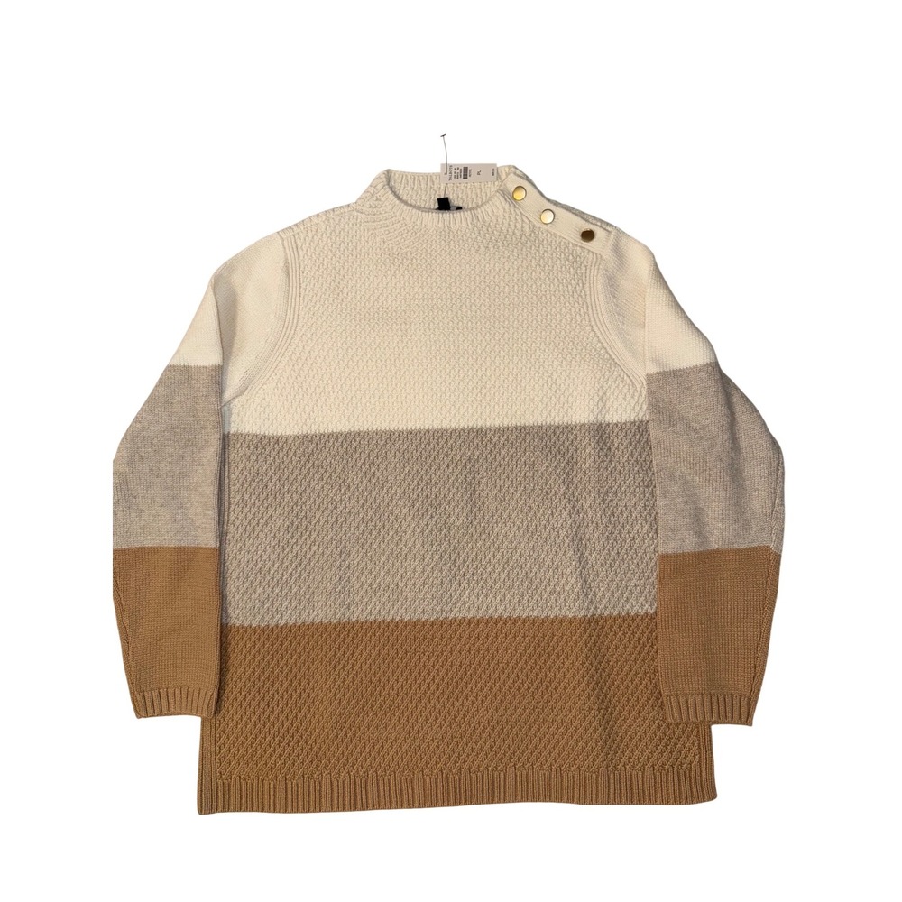 Talbots Petite Large Colorblock Sweater Cream Grey Camel Gold Button NEW